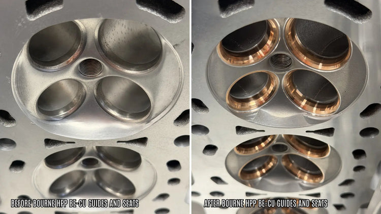 Comparison of OEM sunken valve seat recession versus Bourne HPP Beryllium Copper seat upgrade for high-performance cylinder heads.