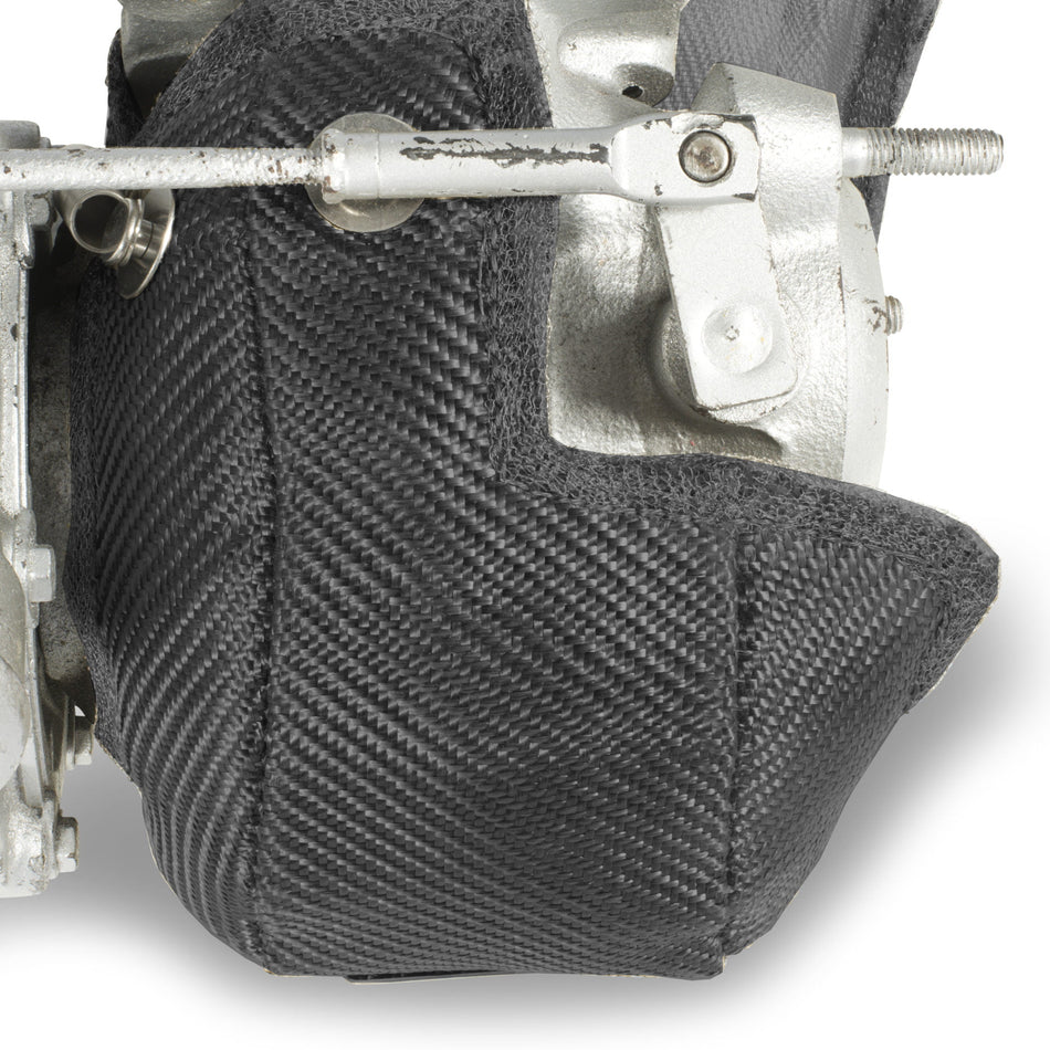Funk Motorsport Abarth Grande Punto Garrett turbo blanket, heat shield for turbocharger, black thermal insulation fabric.