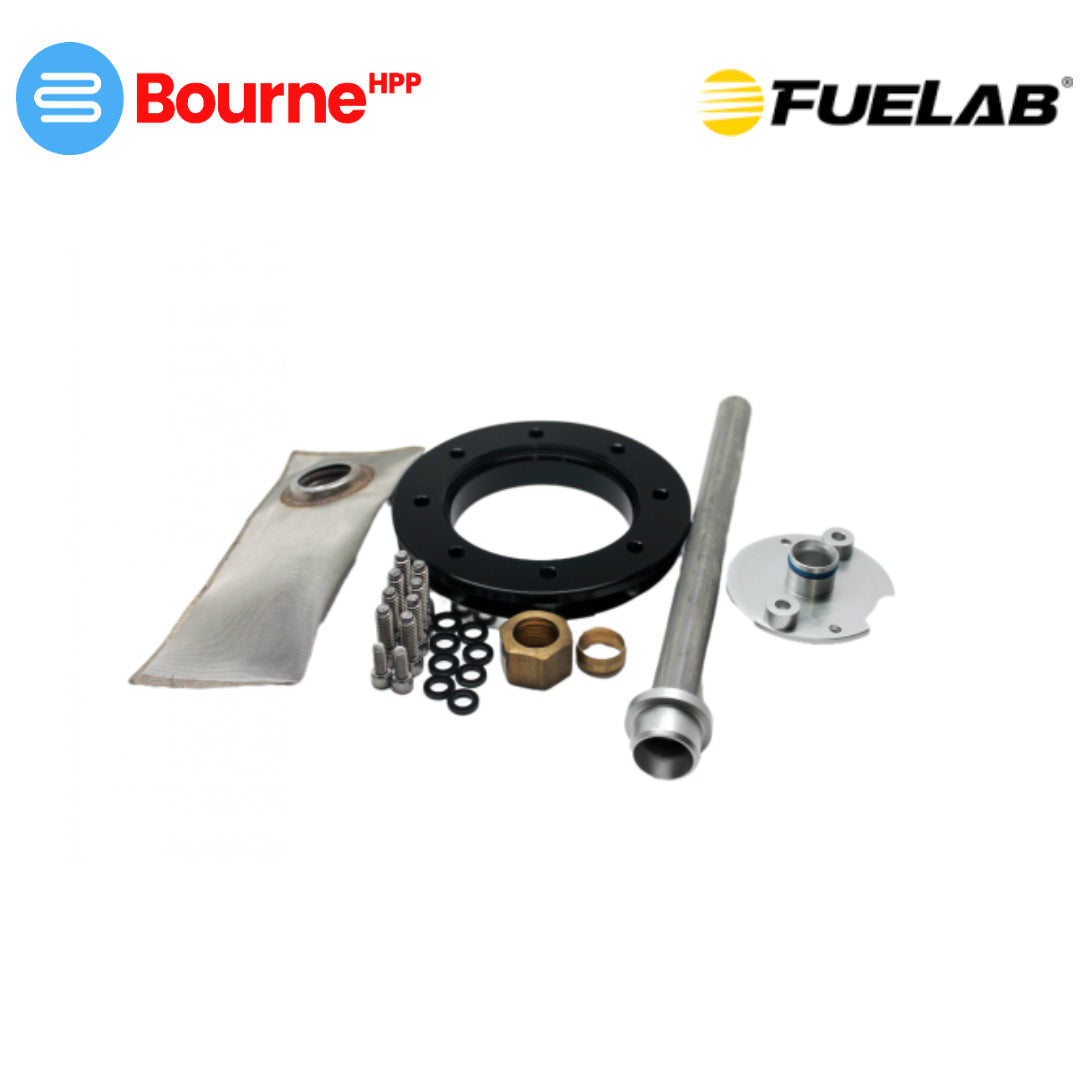 An assortment of metal components for an in-tank power module fabricator kit, including a flange, filter sock, and various fasteners.