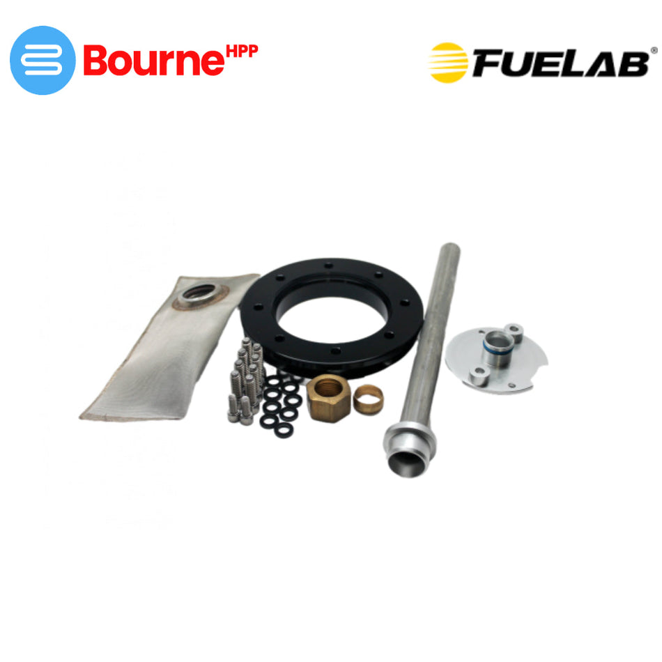 An assortment of metal components for an in-tank power module fabricator kit, including a flange, filter sock, and various fasteners.