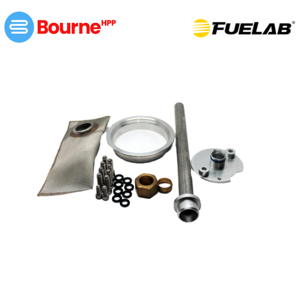 An installation kit for a Fuelab in-tank power module, including aluminum weldable flange, stainless steel filter sock, and other components.