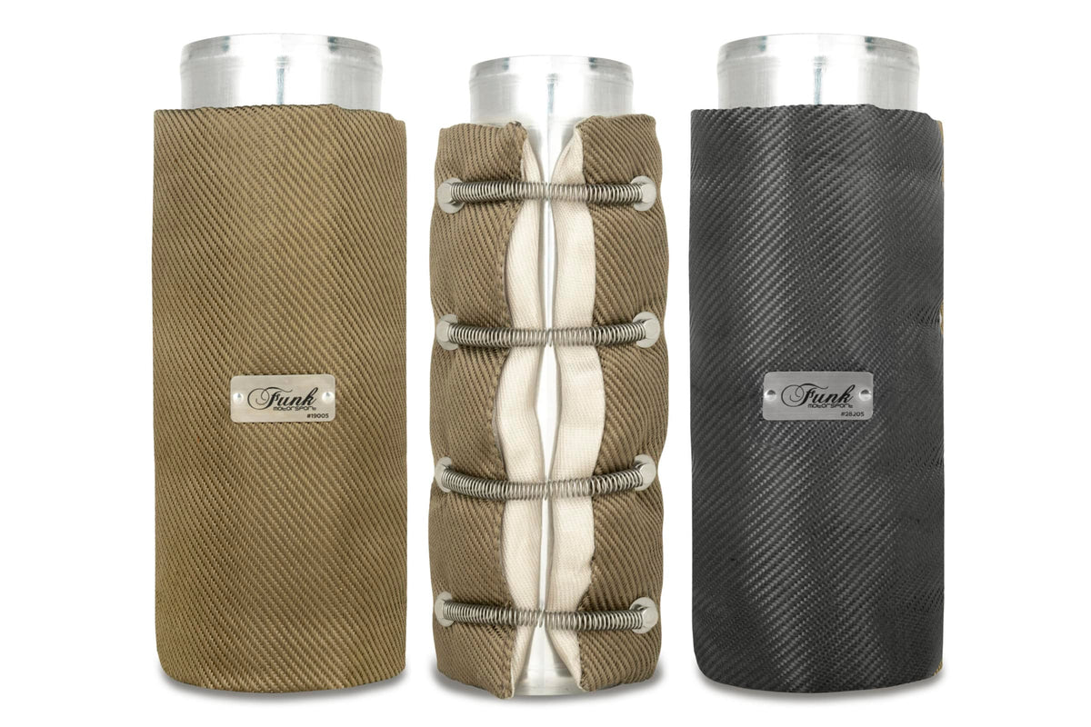 Funk Motorsport exhaust blanket wrap around for exhaust protection, showing a close-up of the heat-resistant blanket around an exhaust pipe.
