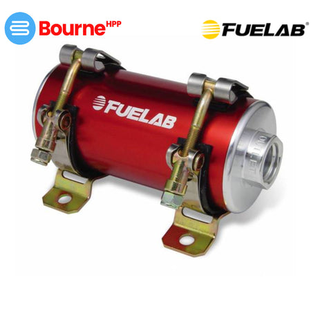 Red fuel pump with 'Fuelab' branding on a white background, featuring the Bourne HPP logo.