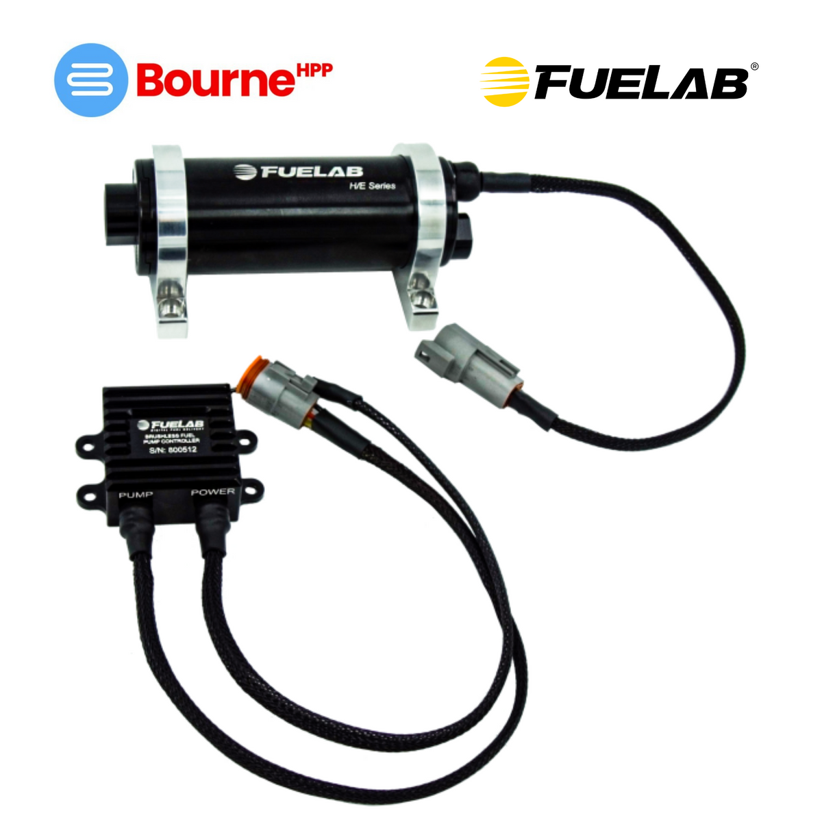 FUELAB 550LPH Twin Screw Brushless In-LineFuel Pump fuel pump kit including a black cylindrical fuel pump with silver clamps, a black electronic control module, and black braided hoses, shown on a white background with Bourne HPP and FUELAB logos.