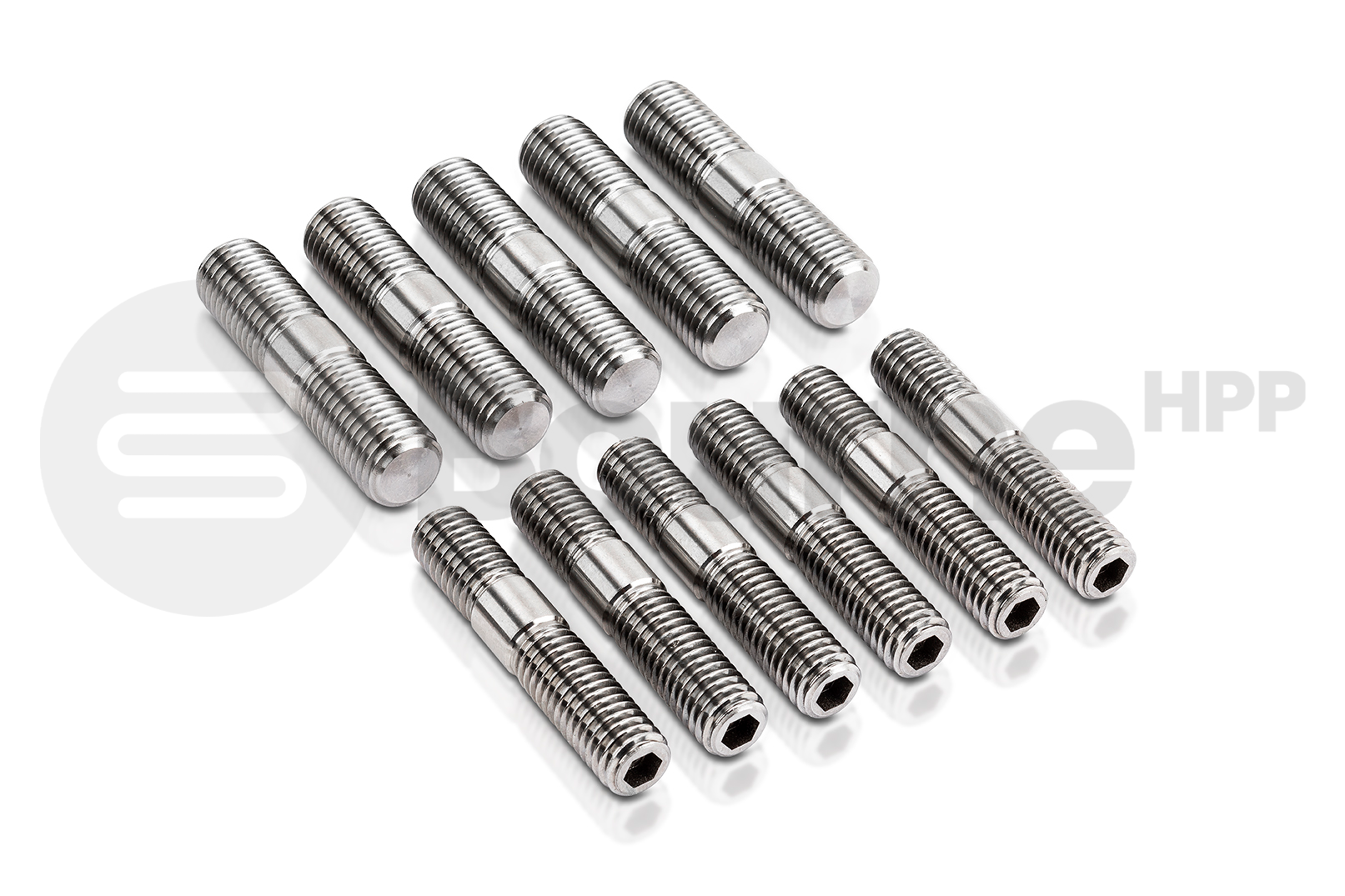 Set of metal screws on a white background with a brand logo.