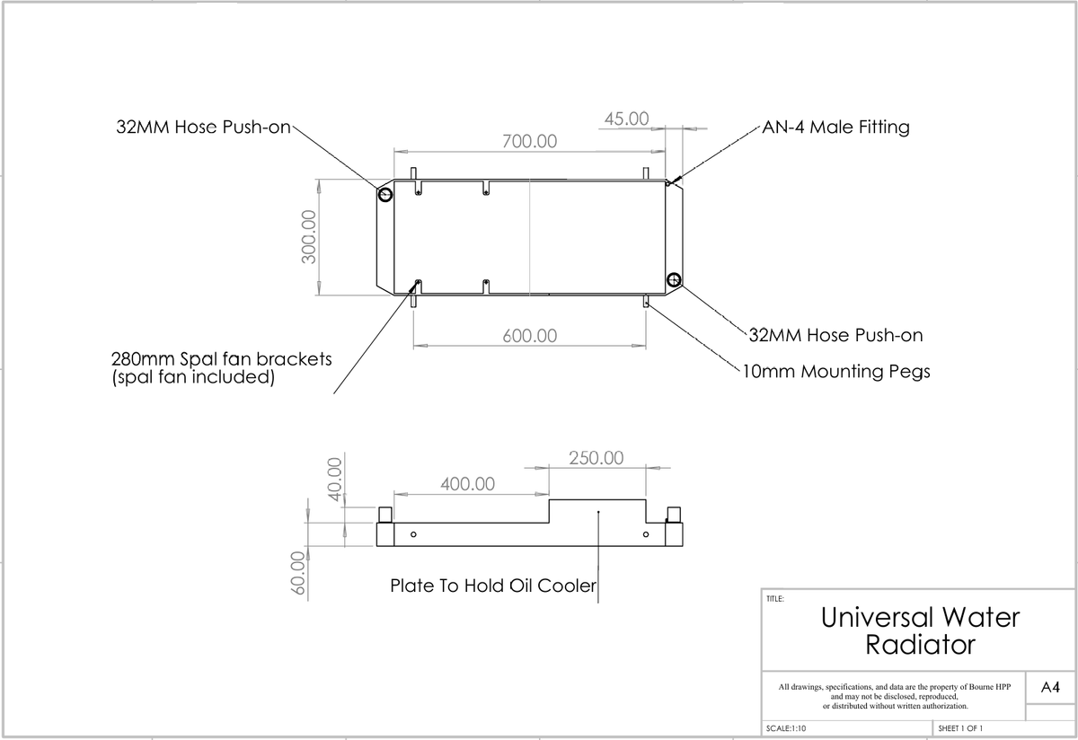 Technical drawing of a universal water radiator with dimensions and features labeled.