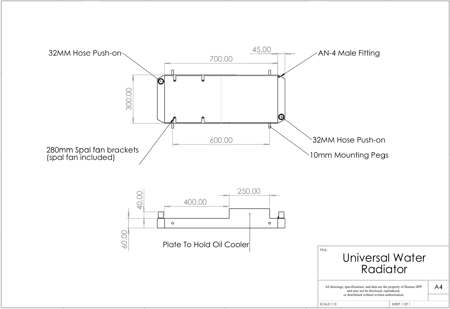 Technical drawing of a universal water radiator with dimensions and features labeled.