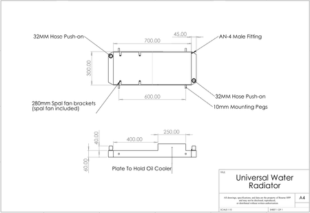 Technical drawing of a universal water radiator with dimensions and features labeled.