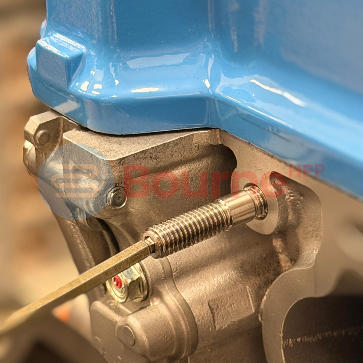 Bourne HPP K20 / K24 Inlet Manifold Stud Set extreme close up on a K20R engine, showing the details of the alan key fixture on Bourne's studs