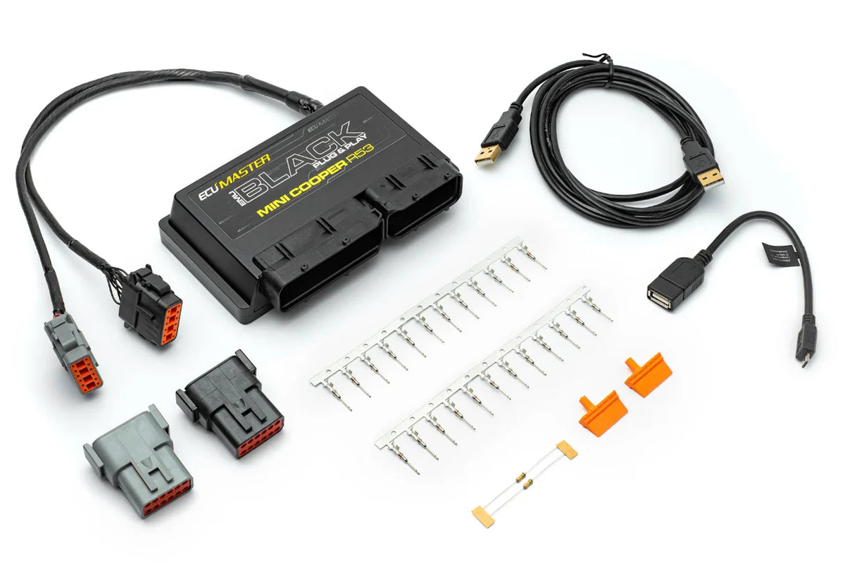 Automotive diagnostic tool kit with connectors and cables on a white background. ECU Master ECU Mini R53