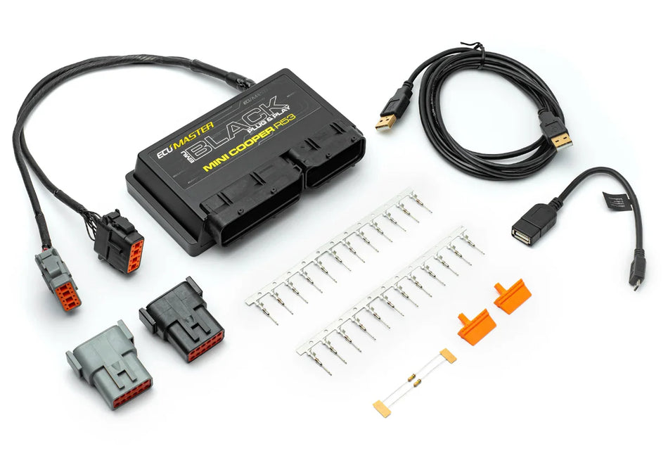 Automotive diagnostic tool kit with connectors and cables on a white background. ECU Master ECU Mini R53