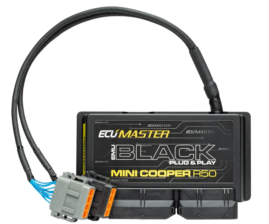 ECUMASTER Black Plug & Play module for Mini Cooper R50 on a white background