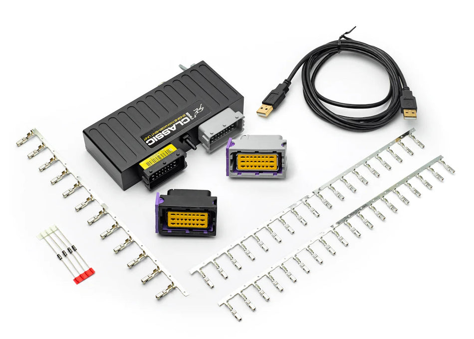 Automotive diagnostic tool set with connectors and cable on a white background, featuring ECU Master logo.

