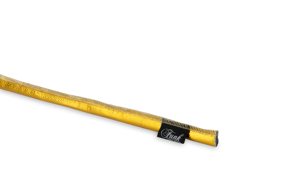 Gold heat protection sleeving by Funk Motorsport, sewn for heat shielding, shown in a close-up image on a black background.