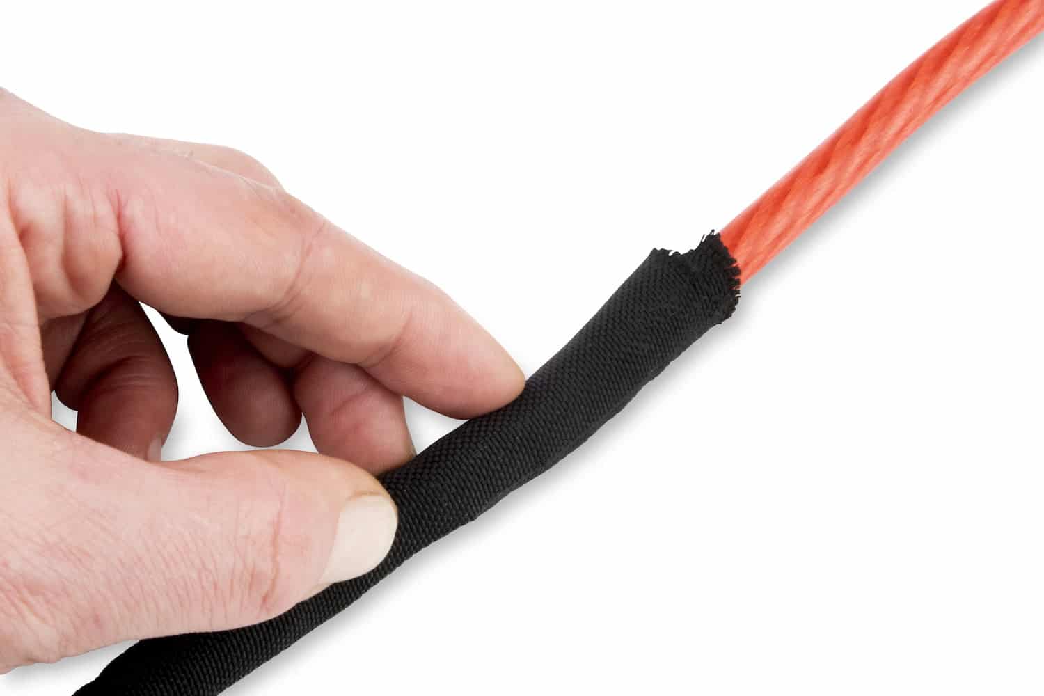 Black self-wrap heat protection sleeving by Funk Motorsport, shown wrapped around a wire harness for heat insulation.