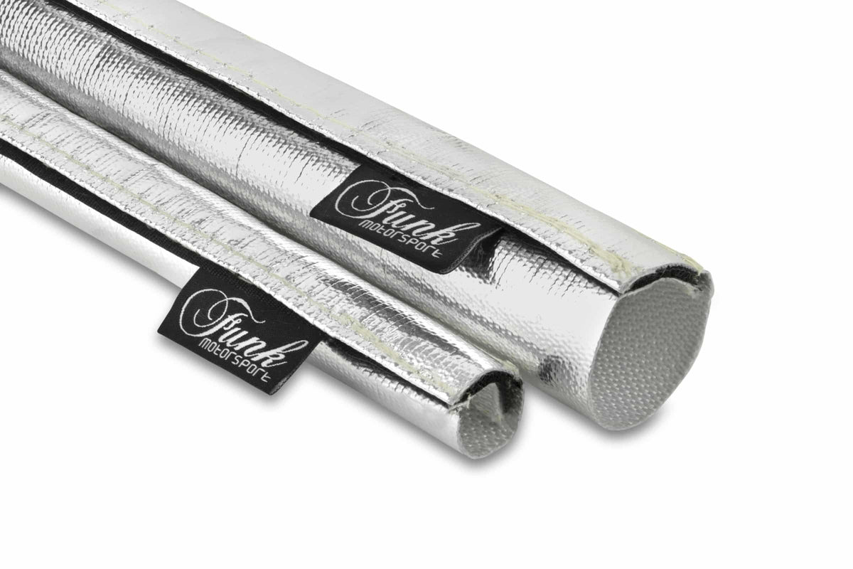Silver Velcro heat protection sleeving by Funk Motorsport, showing flexible, durable heat-resistant sleeve with Velcro closure for automotive use.