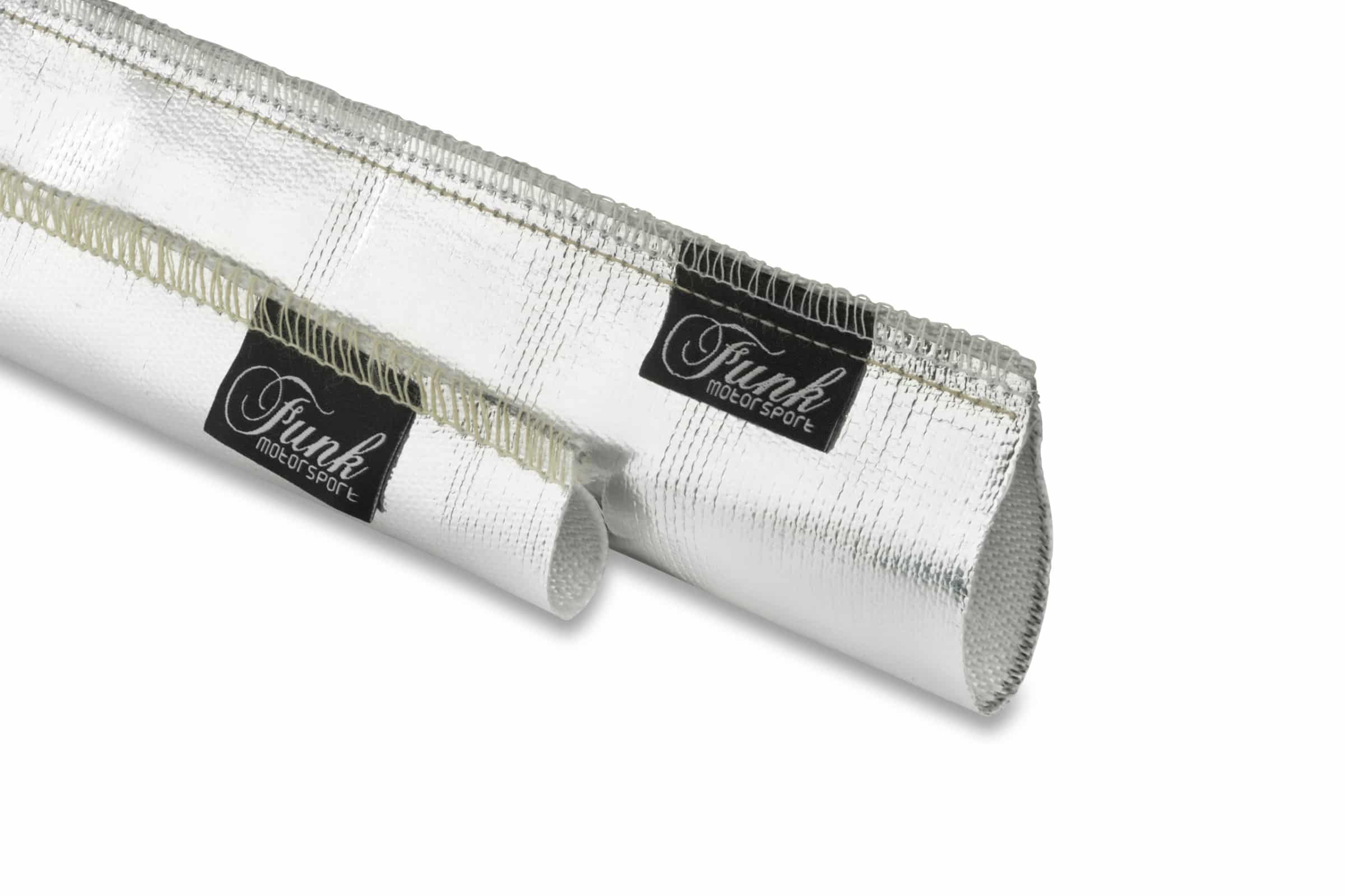 Silver heat protection sleeving from Funk Motorsport, sewn for durability, shown wrapped around automotive wiring for heat shielding.