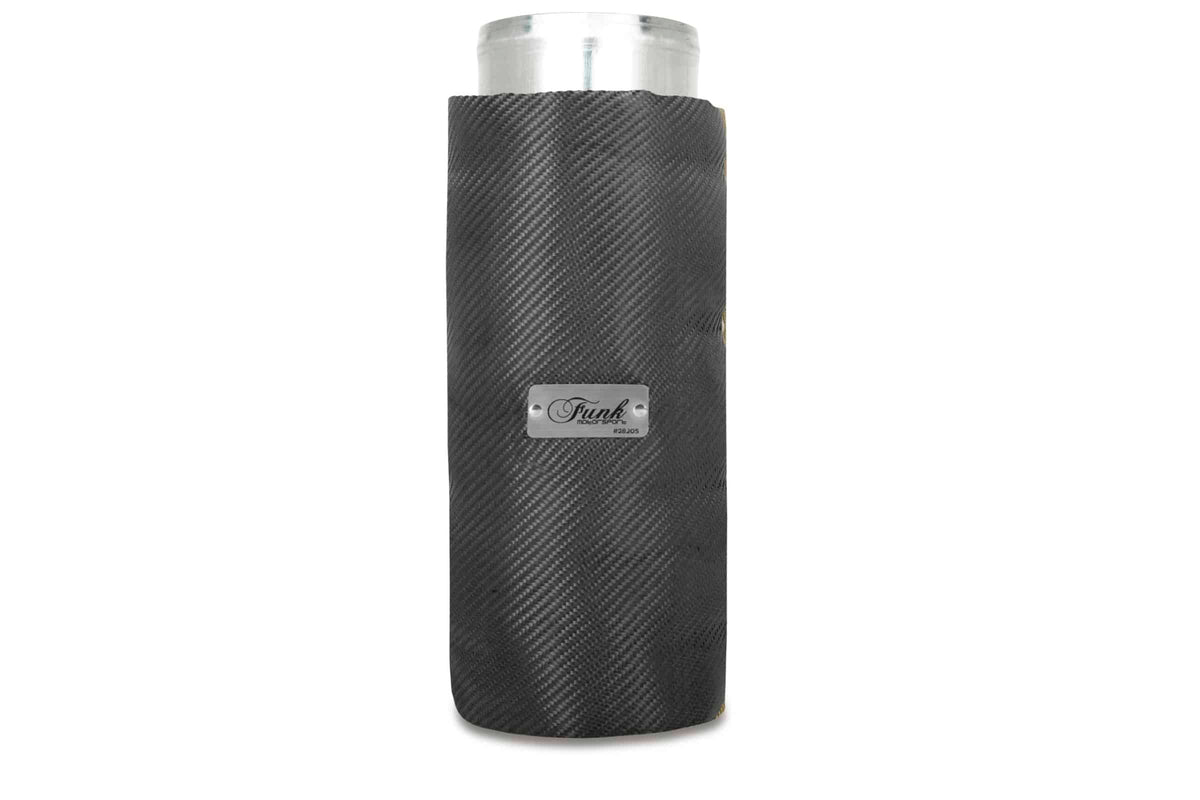 Funk Motorsport exhaust blanket wrap around for exhaust protection, showing the durable heat-resistant fabric and secure fit.