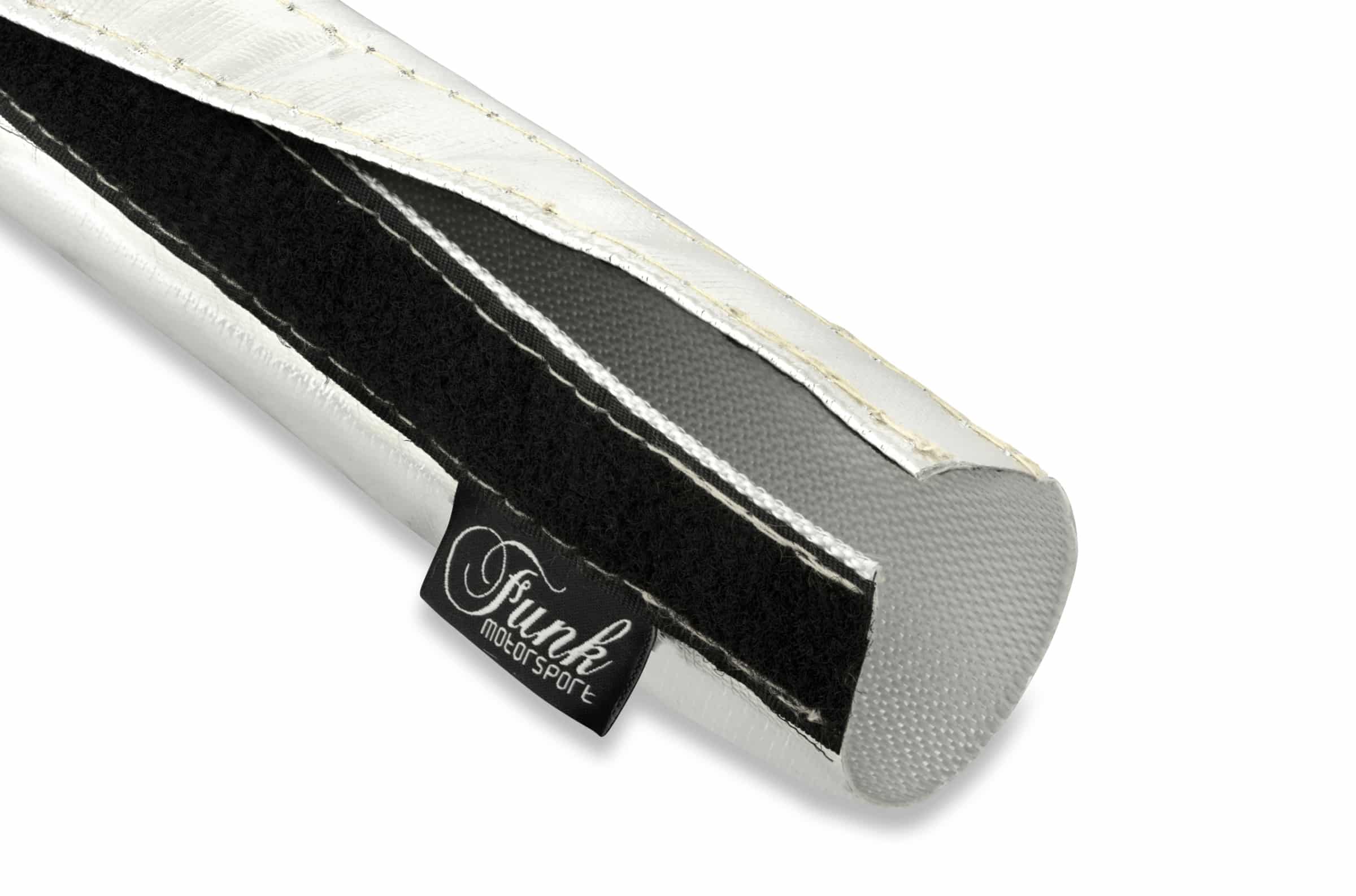 Silver Velcro Heat Sleeving by Funk Motorsport, heat protection sleeve with Velcro closure, designed for automotive heat shielding.