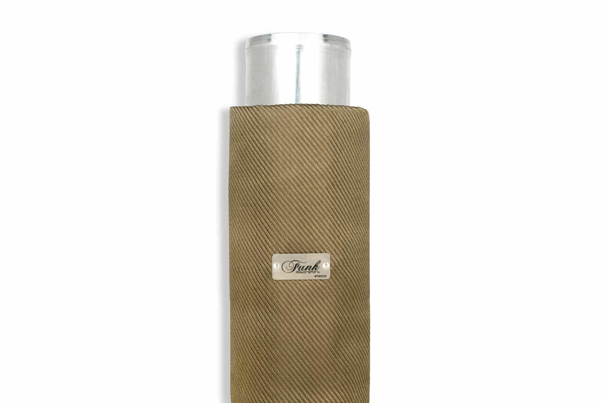 Funk Motorsport exhaust blanket wrap around for exhaust protection, showing a heat-resistant thermal wrap on a vehicle exhaust system.