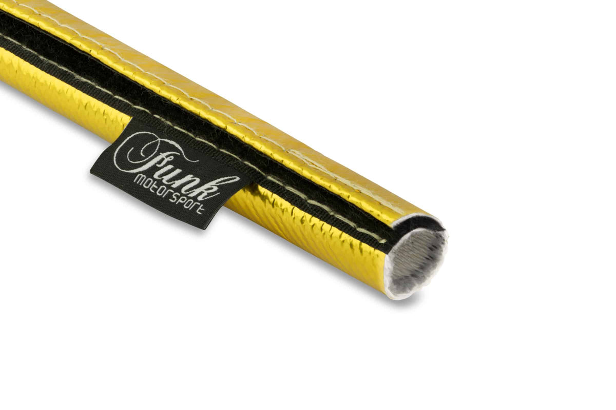 Gold Velcro heat protection sleeving by Funk Motorsport, showing flexible heat-resistant sleeve with Velcro closure for automotive use.