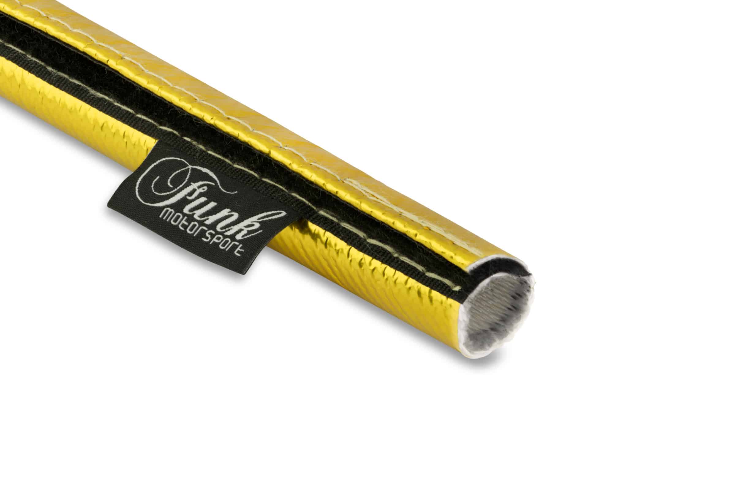 Gold Velcro heat protection sleeving by Funk Motorsport, showing flexible heat-resistant sleeve with Velcro closure for automotive use.