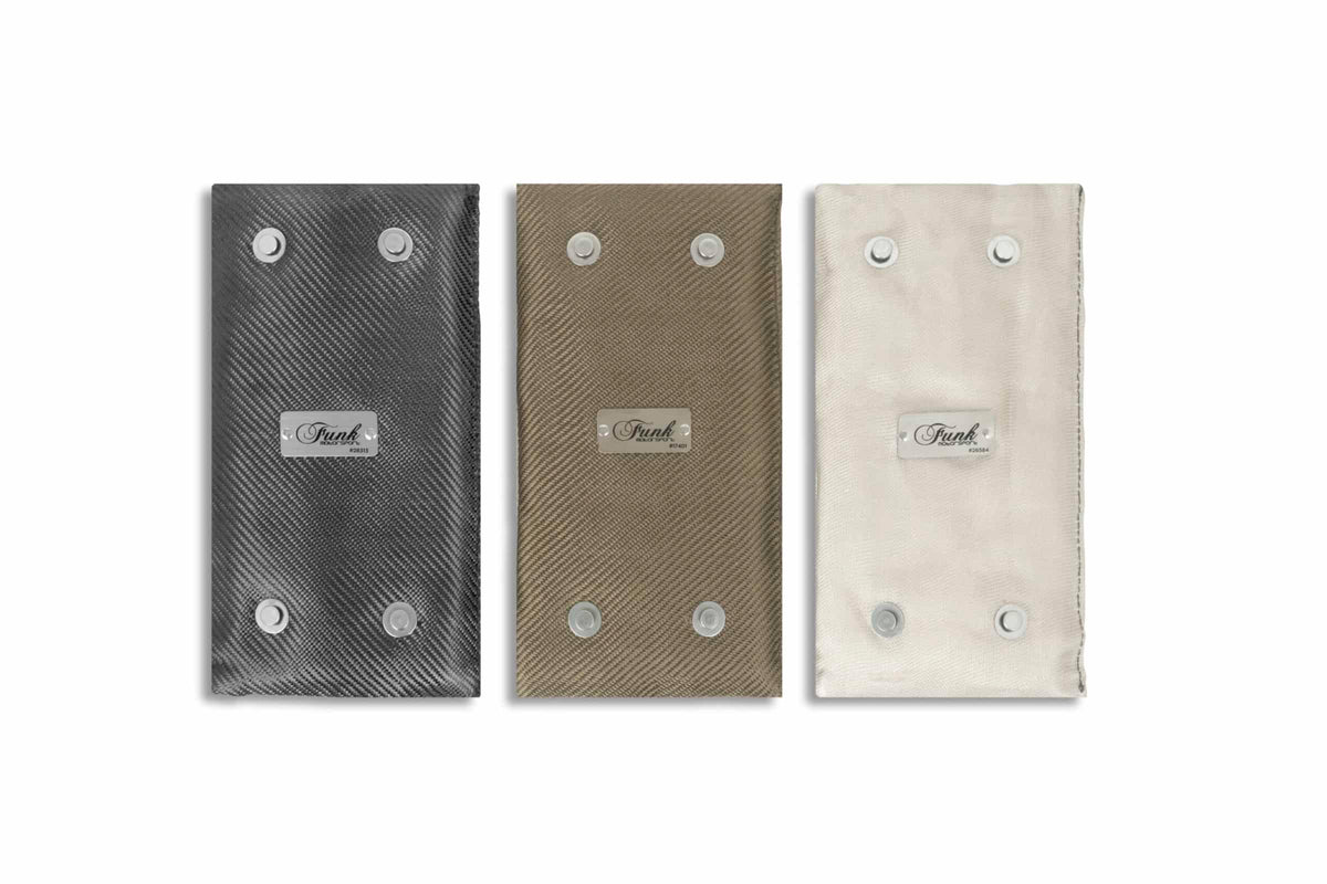 Funk Motorsport exhaust blanket wrap around for exhaust protection, fabric wrap with heat-resistant material, installed around exhaust pipe.
