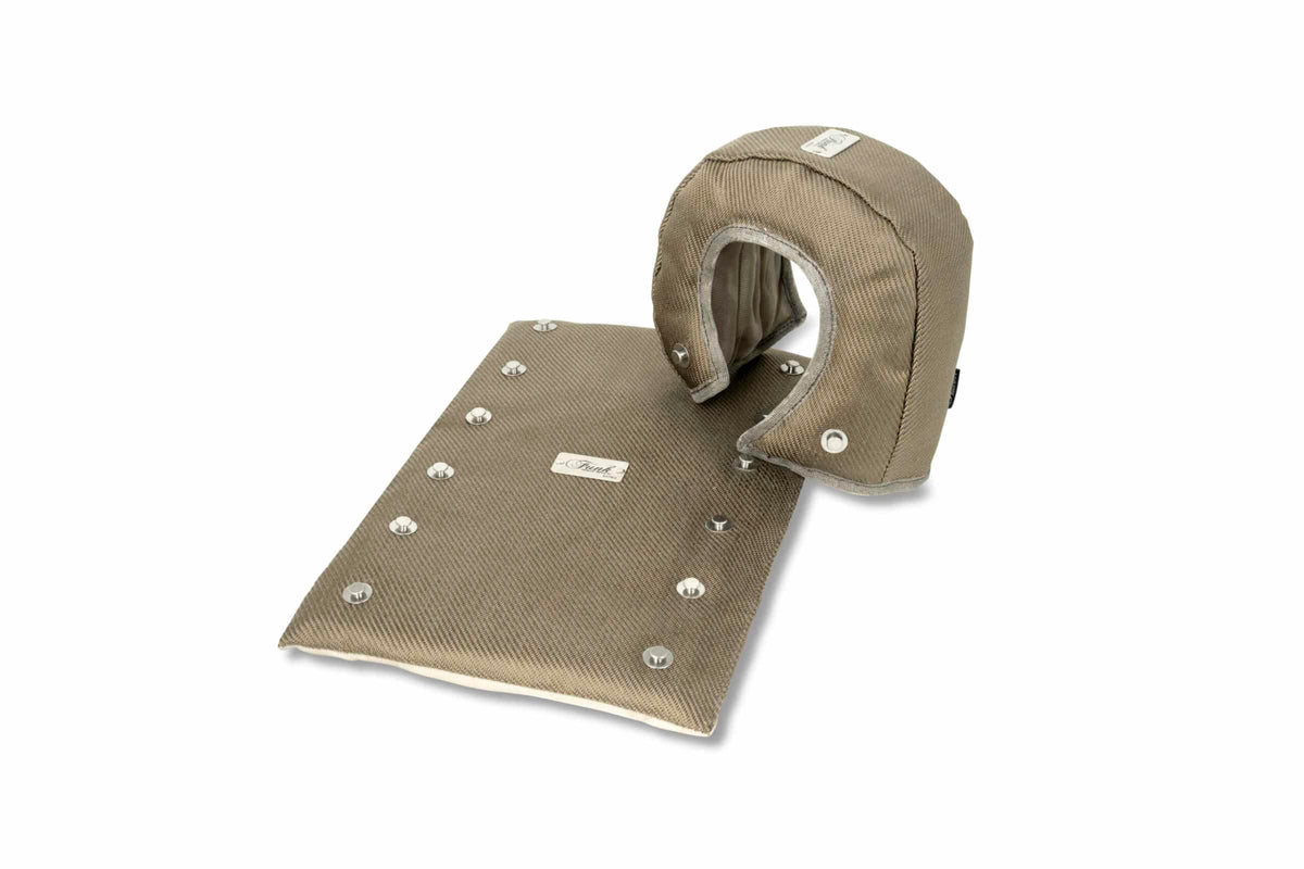 Funk Motorsport exhaust blanket wrap around for exhaust protection, shown in black with a snug fit around exhaust pipe.