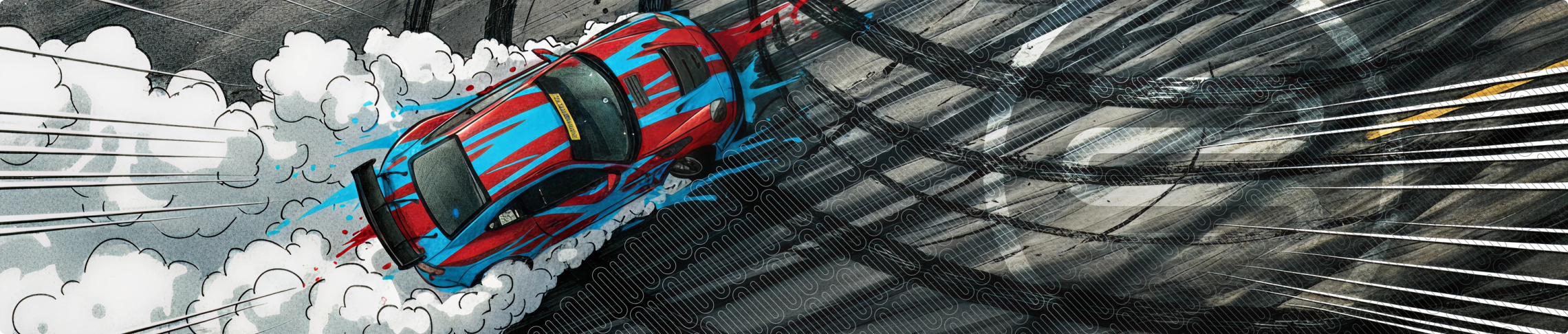 Comic-style illustration of a car racing and drifting through a cloud of tyre smoke