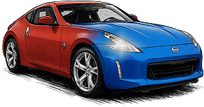 Blue and Red Nissan 350z sports car on a white background