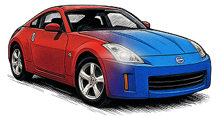 Gradient Nissan 350z from red to blue on a white background