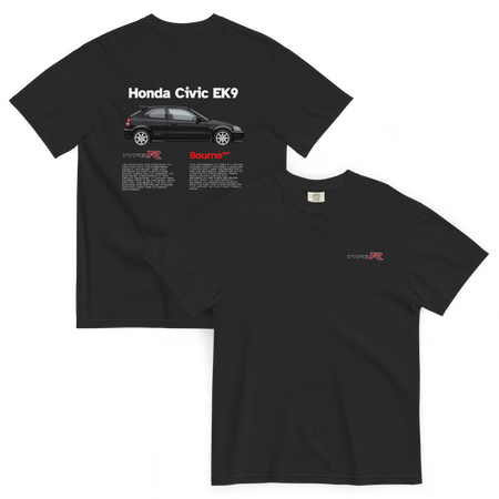 Front and back view of Bourne HPP Honda Civic Type R EK9 premium heavyweight graphic T-shirt featuring car graphics and branding.