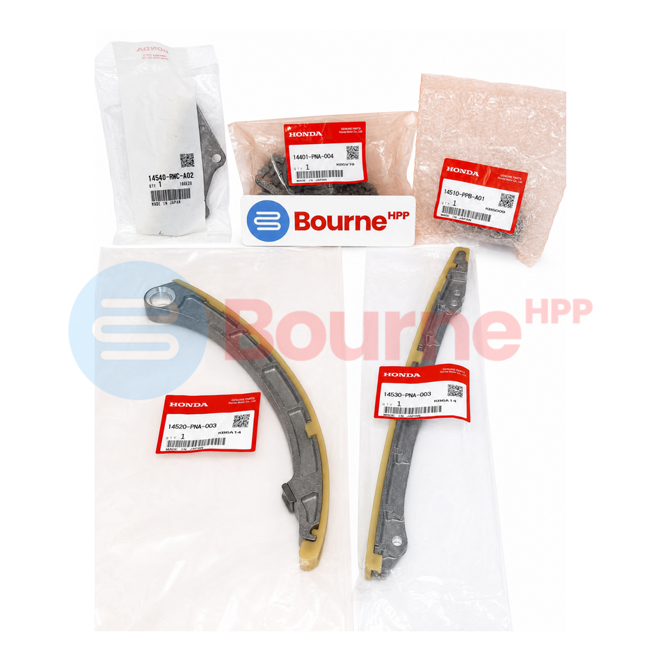 Genuine Honda K20 timing chain kit bundle by Bourne HPP including chain guides, tensioner and chain.