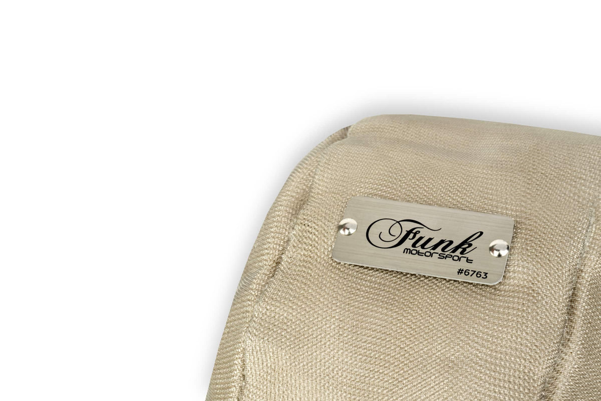 Inside view of Funk Motorsport Audi RS3 8V turbo blanket showing high-quality insulation and branding for turbo protection.