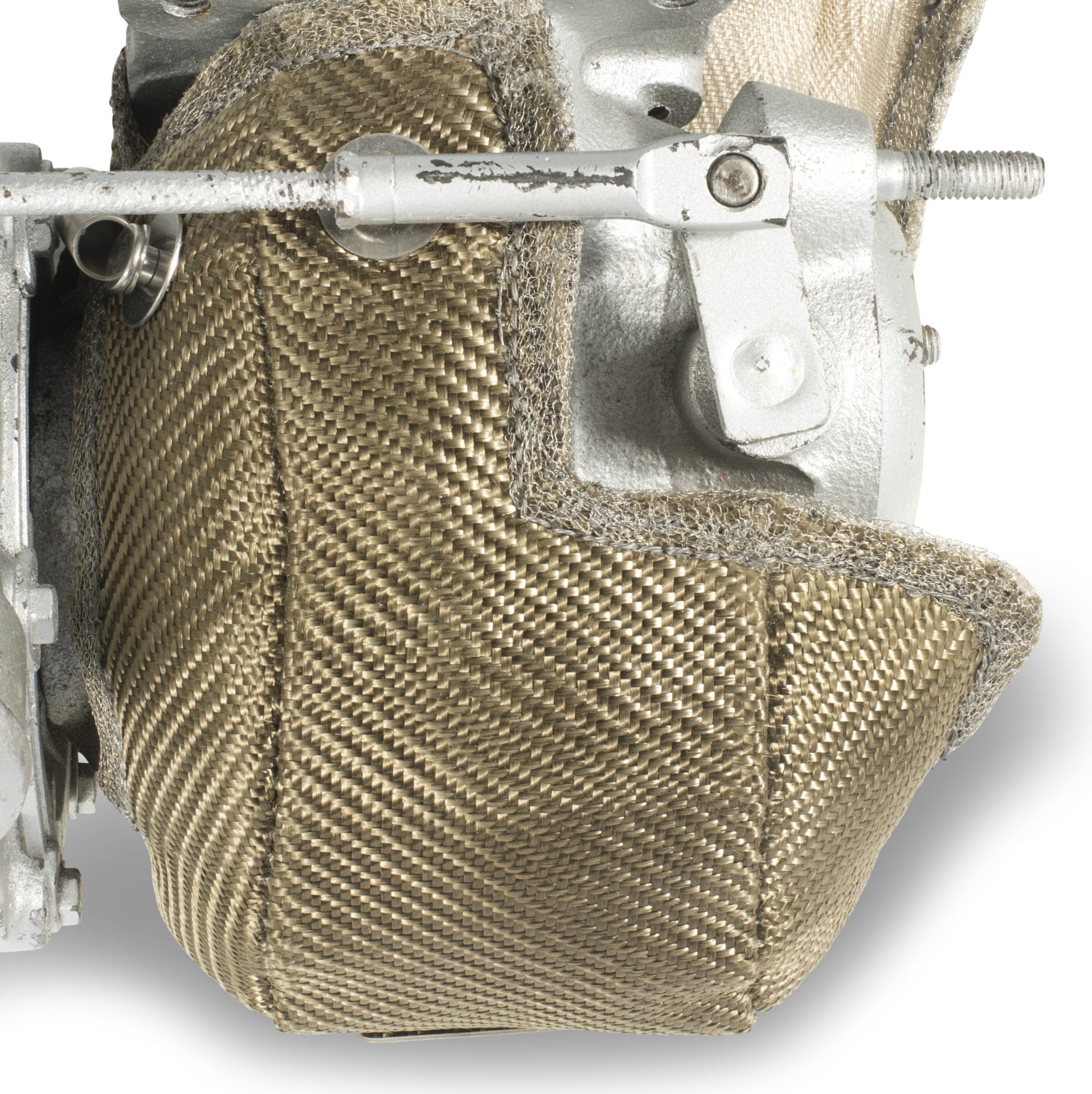 Abarth 500 turbo blanket by Funk Motorsport wrapped around the turbocharger, made of heat-resistant material for turbo protection.