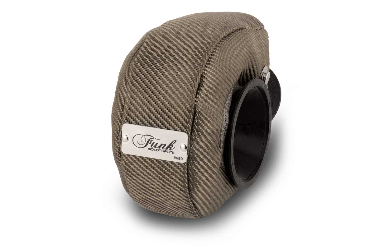 Funk Motorsport Garrett GT3071r turbo blanket wrapped around a turbocharger for heat insulation and protection.