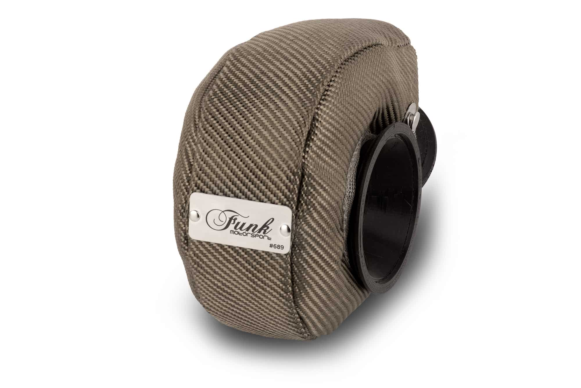 Garrett GT3076r turbo blanket by Funk Motorsport, showing heat-resistant fabric wrapped around a turbocharger for performance and protection.