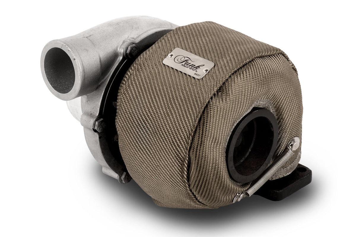 Audi S5 B9 turbo blanket by Funk Motorsport, designed for Audi A5, S5, and RS5 turbocharged engines, shown in a close-up view.