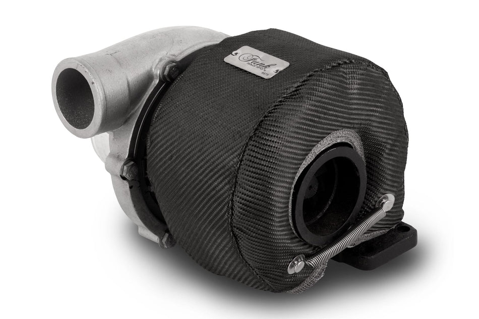 Funk Motorsport Borg Warner K04-23 turbo blanket wrapped around Borgwarner turbocharger on a vehicle engine, insulating and protecting.