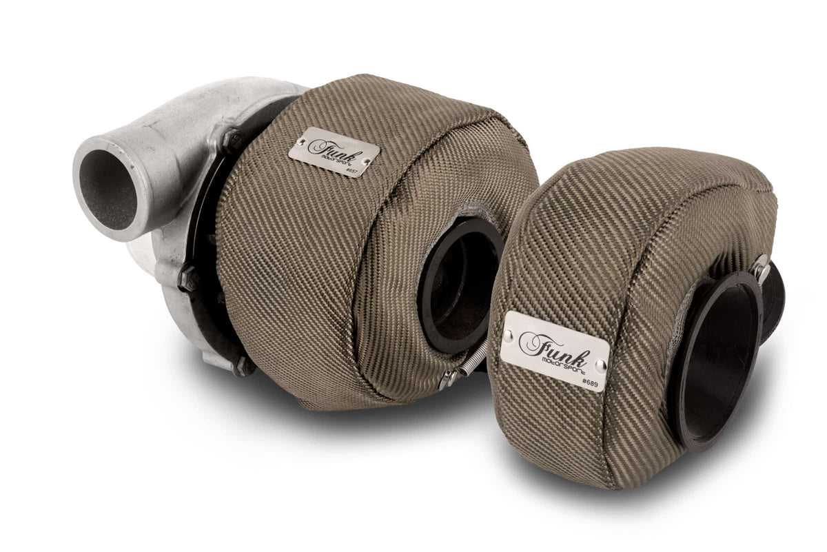 Funk Motorsport Borg Warner K04-20 turbo blanket wrapped around a turbocharger for heat insulation and performance.
