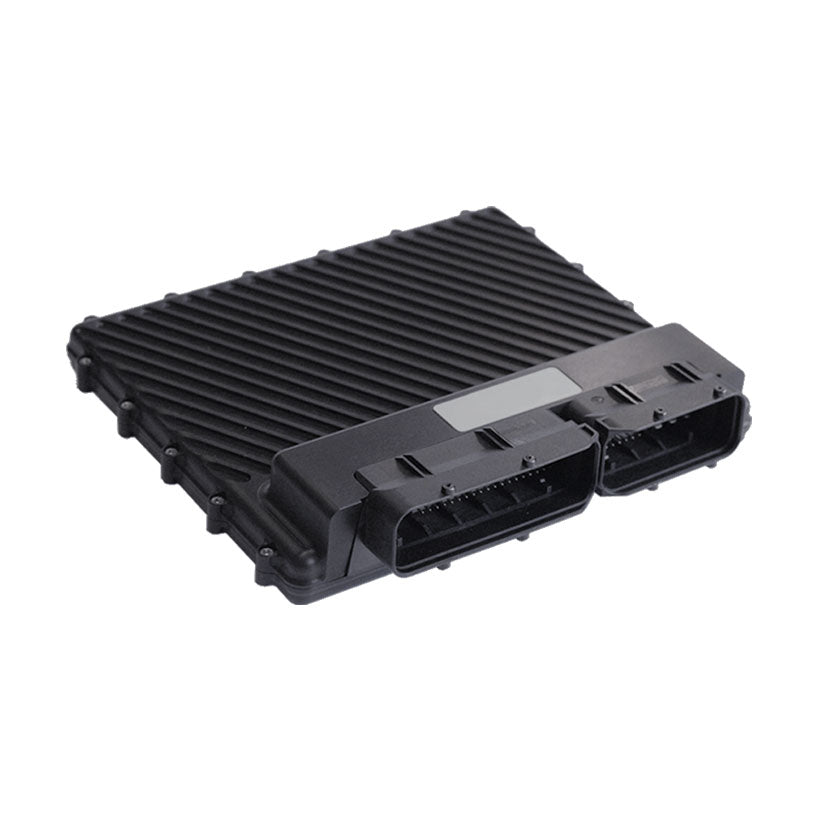 A black Syvecs S12 Plug & Play ECU Kit for an Audi R8 V10, featuring a robust, dark grey and black casing with multiple ports and indicators.