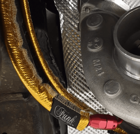 Funk Motorsport gold sewn heat protection sleeving, durable heat-resistant sleeving for automotive and industrial applications.