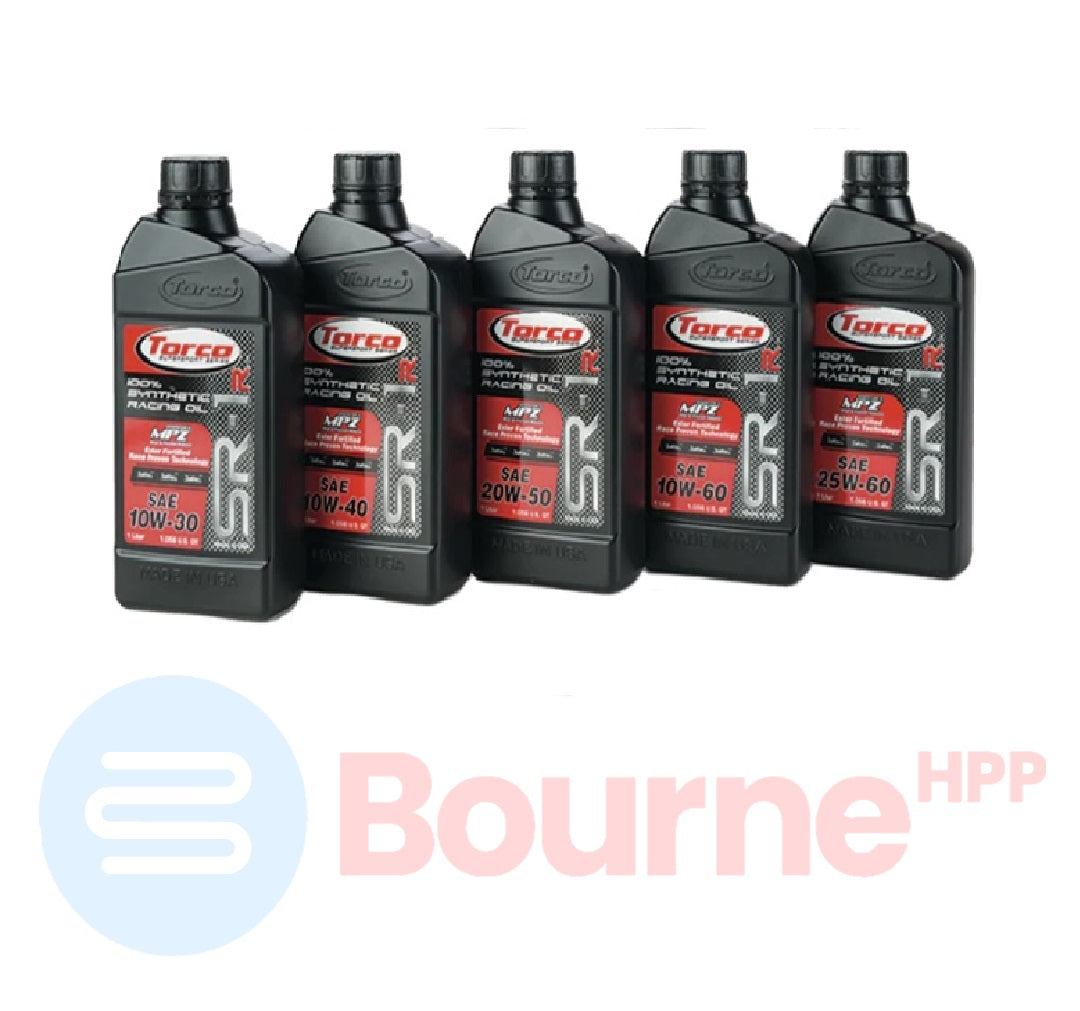 Multiple bottles of Torco SR-1R Synthetic Racing Oil with viscosities ranging from 10W-30 to 25W-60, each labeled with the product information and the Torco logo.