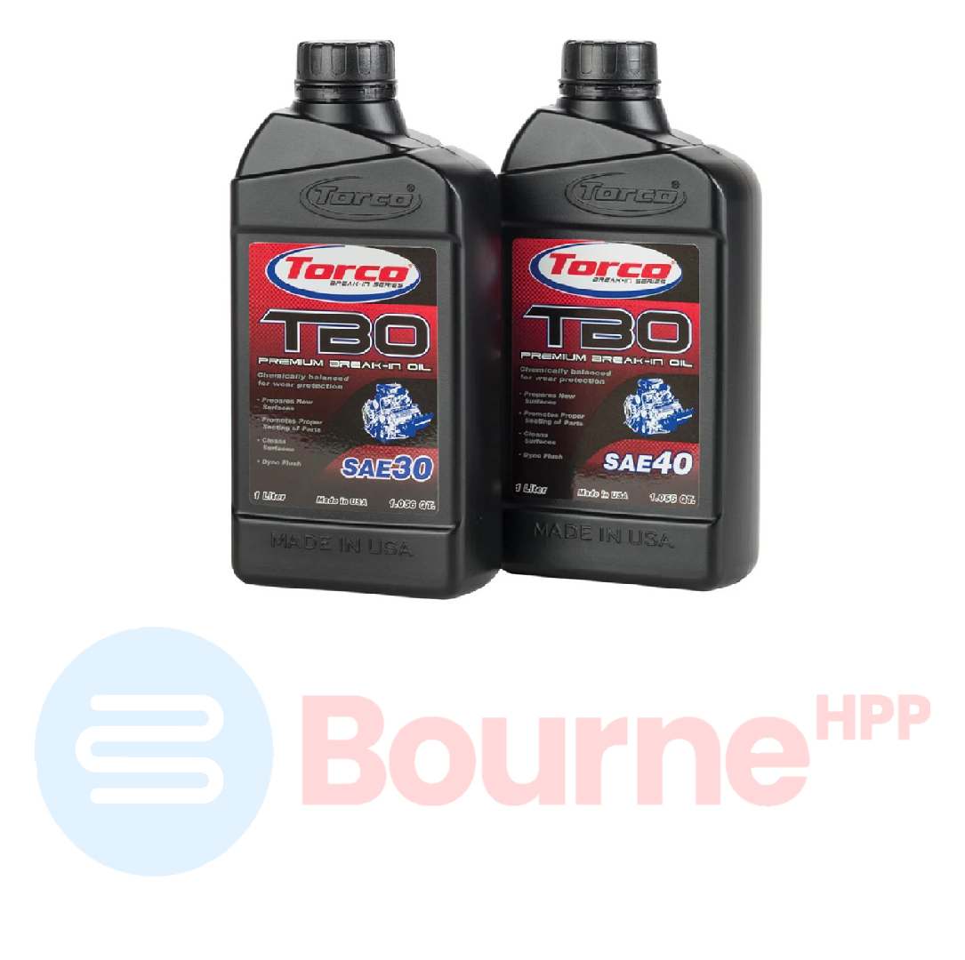 Two bottles of Torco TBO Break-In Oil with labels indicating SAE 30 and SAE 40 viscosities. The bottles are black with red and white branding and product information.
