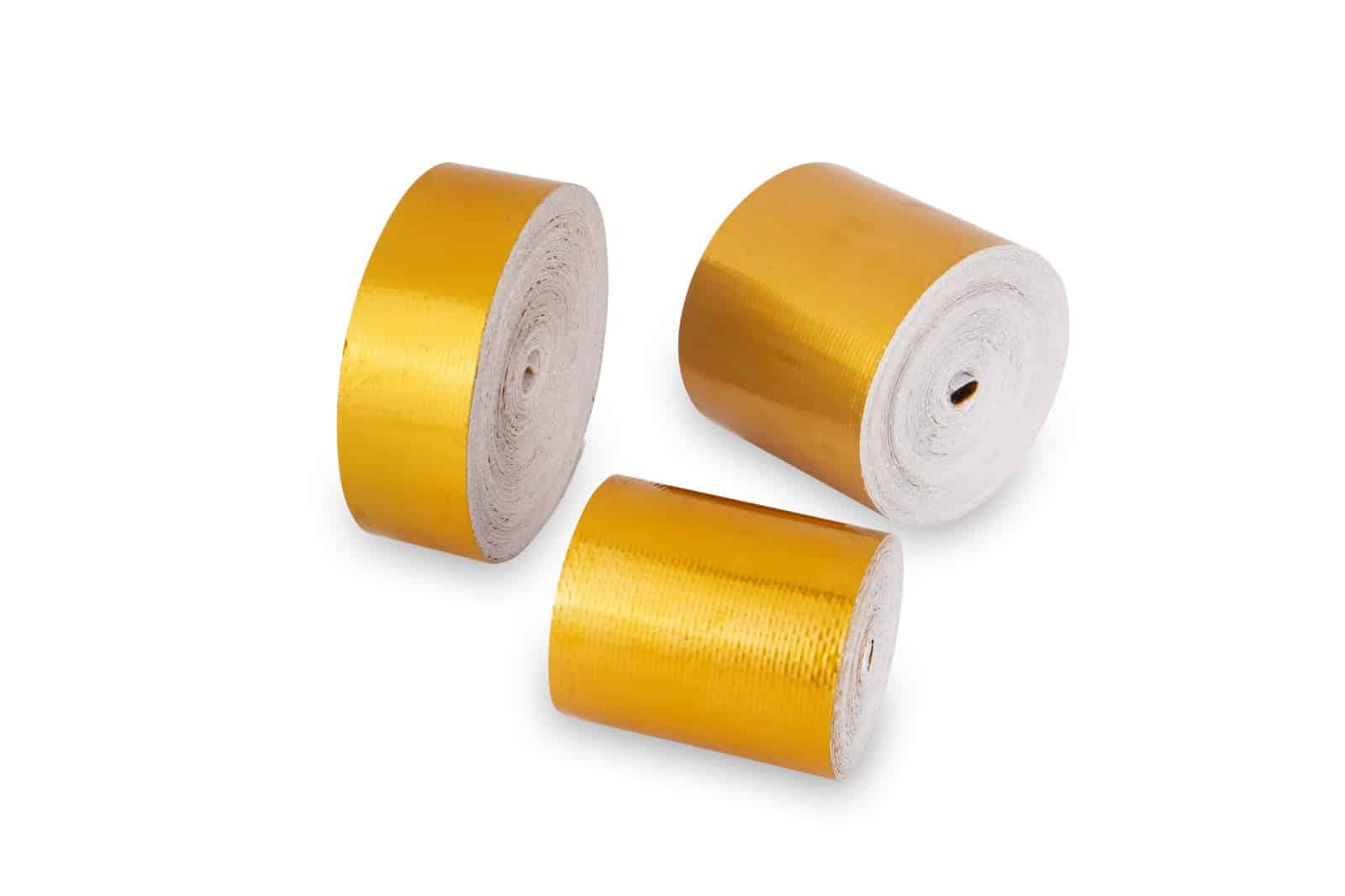 Funk Gold Reflective Heat Tape shown in sheets with shiny gold finish, designed for heat reflection and insulation applications.