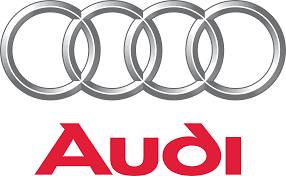 Audi logo with four interlocking rings and the brand name in red text.