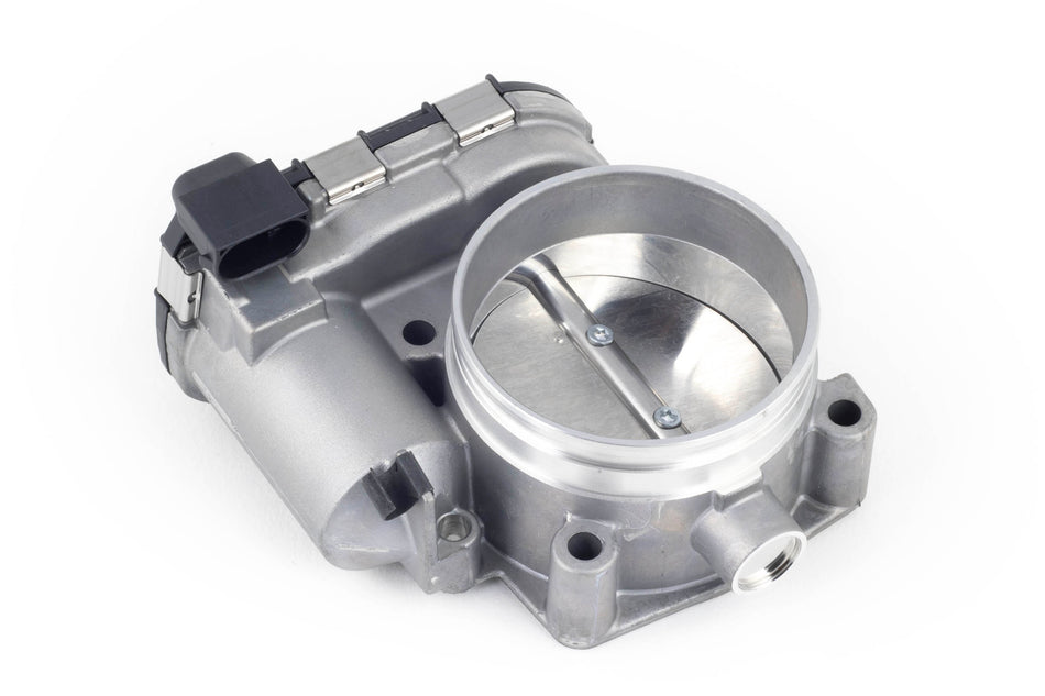 Haltech Bosch 74mm electronic throttle body with connector and pins, shown with detailed metal housing and wiring connections.