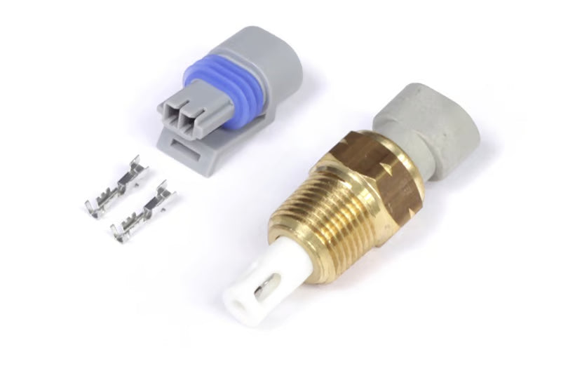 Haltech air temperature sensor with large 3/8 NPT 18 TPI threaded fitting, designed for precise engine air temperature measurement.
