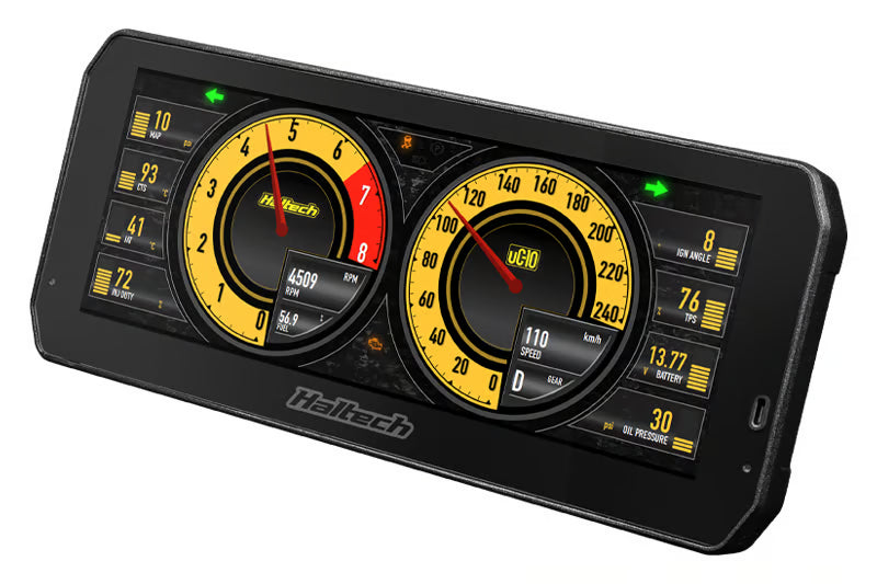 Haltech uC-10 10-inch digital dashboard display with colorful gauges and readouts for vehicle performance monitoring.