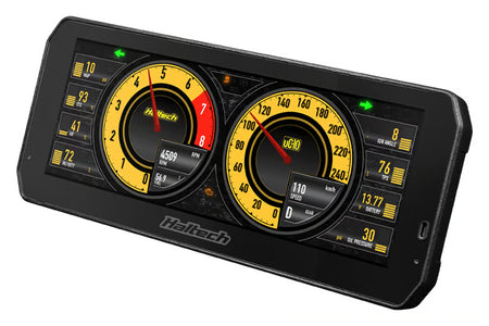 Haltech uC-10 10-inch digital dashboard display with colorful gauges and readouts for vehicle performance monitoring.